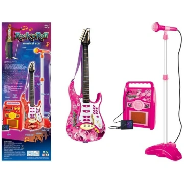 Pink electric guitar with microphone and amplifier