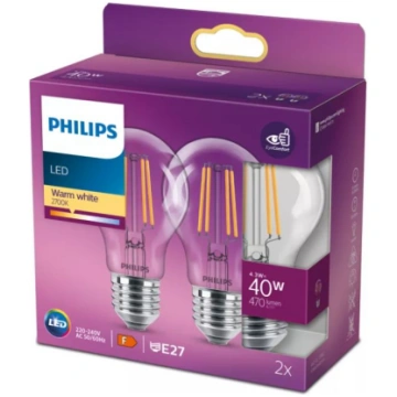 PHILIPS LED stikla 40W A60 E27 Silti balta 2700K c