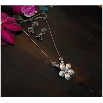 Oxidised German Silver Flower Pendant Chain Neckla