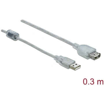 Kabelis USB2.0 AM / AF, 30cm, Transparent, Delock 