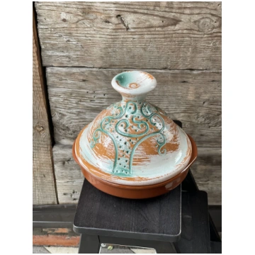 Tadžina 24 cm dia ar balti brūnu vāku, reljefu zaļ