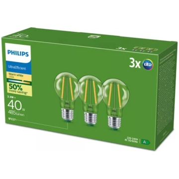 PHILIPS LED stikla 40W A60 E27 2700K caurspīdīga u