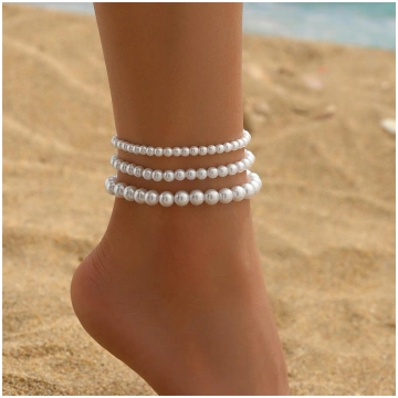 White Beads Simulated Pearl Anklets For Women 3pcs