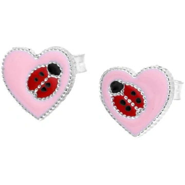 Pink Heart Earrings with Ladybug, S925 Silver Alex