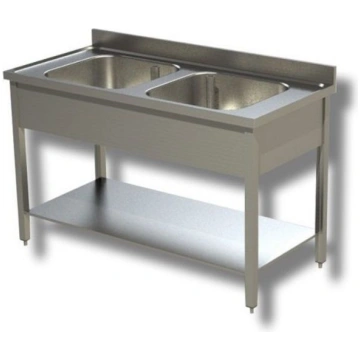 Stainless steel sink with two tubs on legs with bo