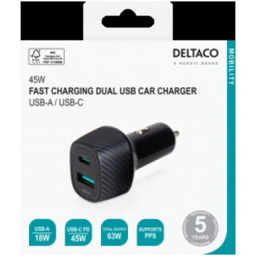 USB AUTO LĀDĒTĀJS DELTACO 1X USB-A 18 W, 1X USB-C
