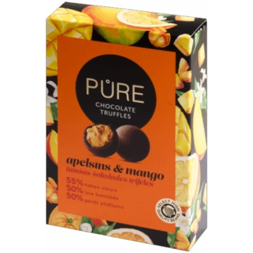 Tumšās šokolādes trifeles ar apelsīnu-mango garšas
