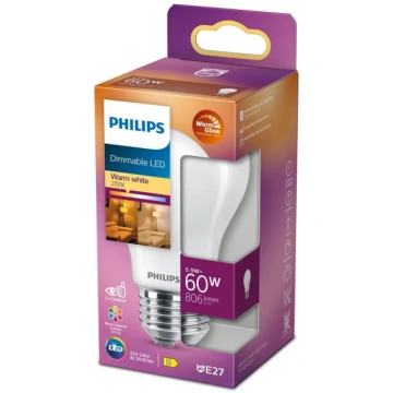 PHILIPS LED stikla 60W A60 E27 matēta Warm Glow di