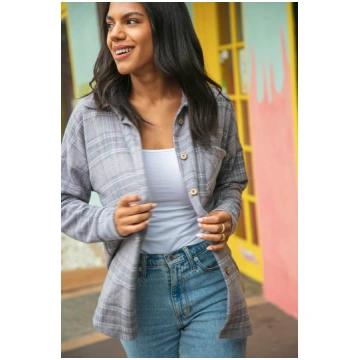 Light Grey Brushed Hacci Plaid Button Down Jacket 
