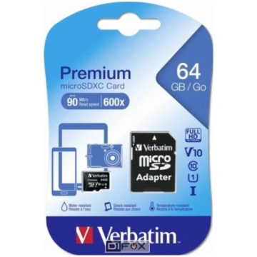 Verbatim microSDXC 64GB Class 10 UHS-I incl Adapte