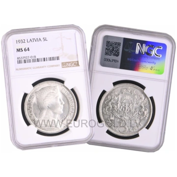 Latvia 5 Lati 1932 - NGC MS 64