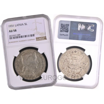 Latvia 5 Lati 1931 - NGC AU 58