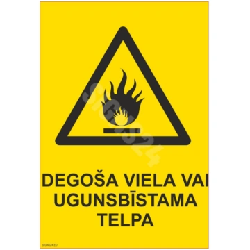 Zīme Degoša viela vai ugunsbīstama telpa Uzlīme pa