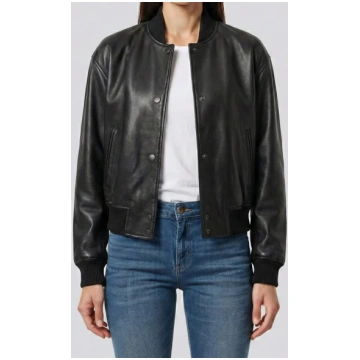 Black Snap Button Cropped Leather Bomber Jacket Wo