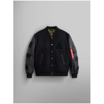 FAUX LEATHER MA-1 VARSITY BOMBER JACKET - BLACK / 