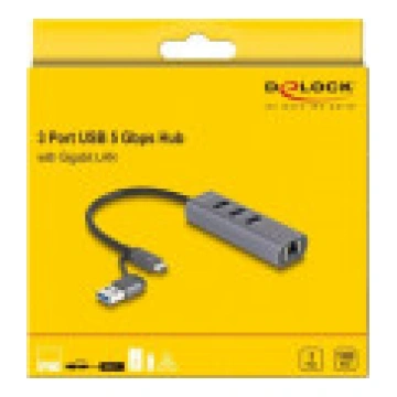 Delock 3 USB ports 5 Gbps Hub Gigabit LAN ar C tip