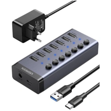 UGREEN Hub 7in1 USB-C, 7x USB-A 3.0 12V 2A (black)