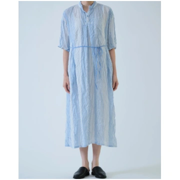 Pas de Calais Blue Shirring Stripe Dress Off White