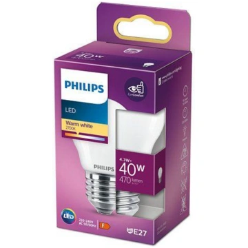 PHILIPS LED stikla 40W P45 E27 Silti balta 2700K m