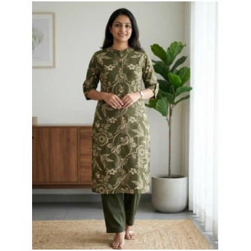 Olive Green Leaf Print Co-Ord Set - S-36