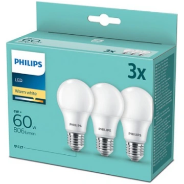 Philips E27 60W 3 gab - LED spuldze 60W E27 Warm w