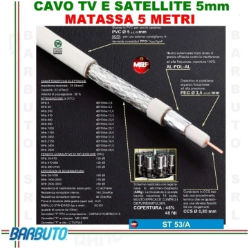 5 METRI DI CAVO TV E SAT 5 mm CON TRECCIA IN AlMg 