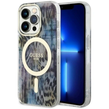Guess iPhone 14 Pro vāciņš Leopard MagSafe, zils -