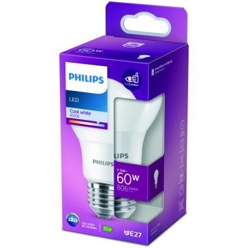Spuldze Philips LED, A60, 4000 °K, E27, 7.5 W, 806