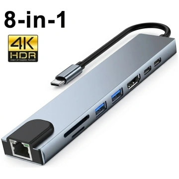 8 vienā USB-C centrmezgls 3.0 doks - 4K HDMI, RJ45
