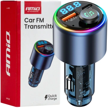 Car FM Transmitter 1×USB-A 1×USB-C 12V 24V AMIO-04