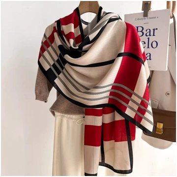 Ruby Grid Striped Cotton Stole - Red, Beige & Blac