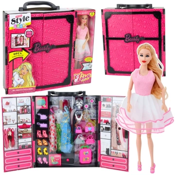 Pink Wardrobe Set for Dolls, Dresses, Shoes, Acces