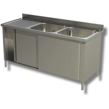 Stainless steel cupboard sink two tubs with draine