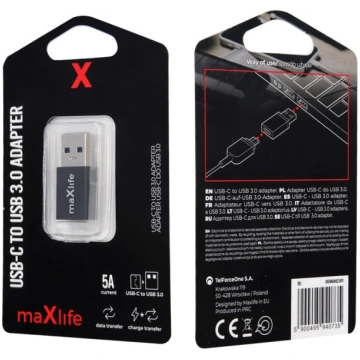 Adapteris Maxlife USB Type-C, USB 3.0, melna krās