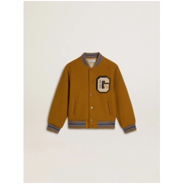 Kids’ wool bomber jacket in ochre yellow with patc