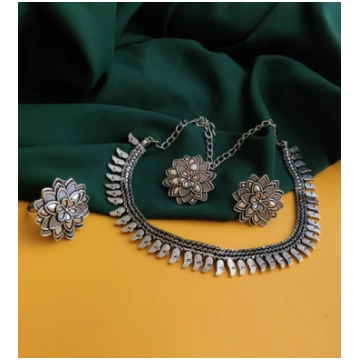 German Silver Necklace Flower Earrings set with Ri