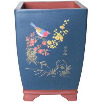 11" Teal and Red Unglazed Etched Cascade Pot