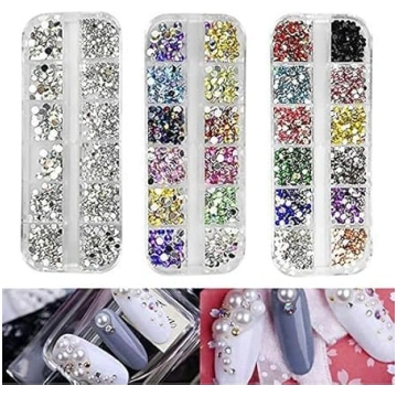 Nail Art Rhinestones, 3 kastītes, dekoratīvie dima