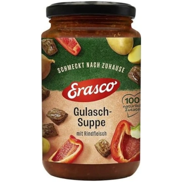 Erasco gulaša zupa stikla traukā, izgatavota no 10