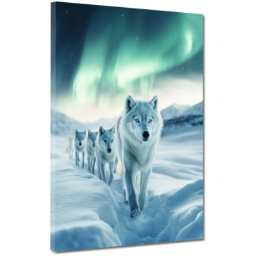 Quadro lupi bianchi nella neve aurora boreale natu