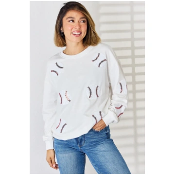 Sequin Baseball Round Neck Dropped Shoulder Sweats