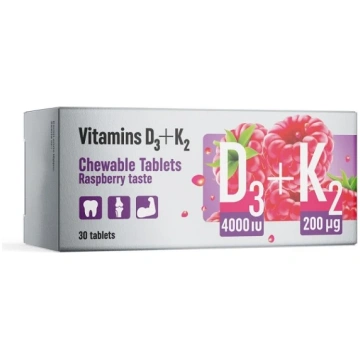 Vitamīni D3+K2, 30 košļājamas tabletes