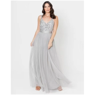 Maya Soft Grey Sleeveless Stripe Embellished Maxi