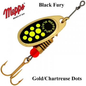Rotējošais māneklis Mepps Black Fury Gold Chartreu