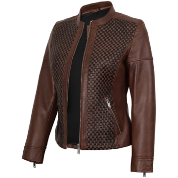 Women Brown Textured Cafe Racer Leather Jacket Dec