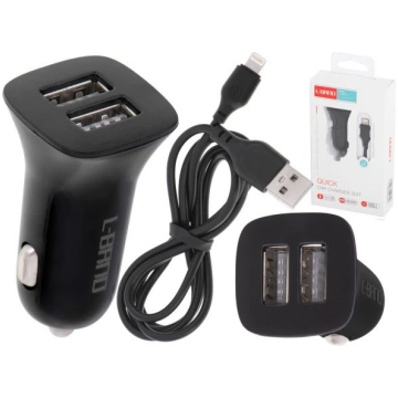 Automašīnas lādētājs Dual USB + Lightning melns (5
