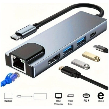 5-in-1 uz HDMI RJ45 USB 3.0 PD Type-C HUB Adapteri