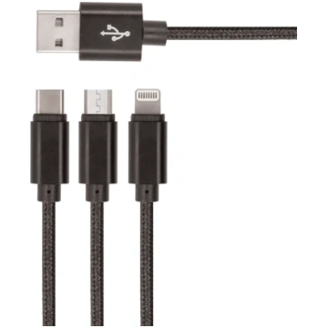 Setty 3in1 USB nylon cable, black. 3-in-1 data tra