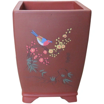 11" Brown and Red Unglazed Etched Cascade Pot