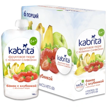 Kabrita ābolu-banānu-zemeņu biezenis ar saldo krēj